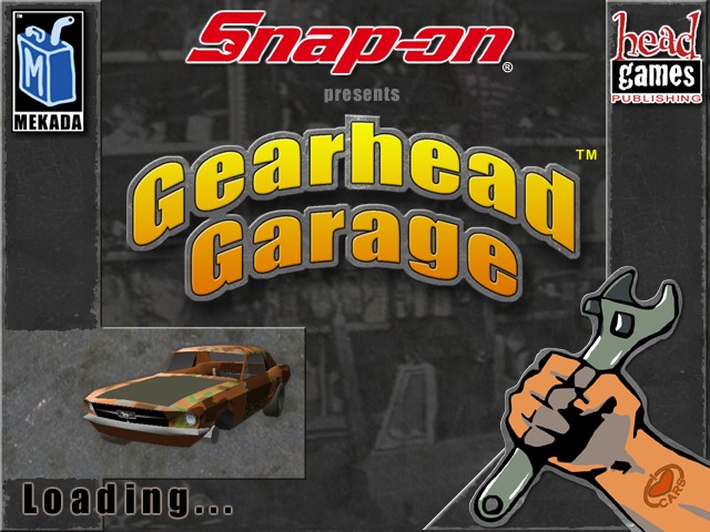 The 1999 loading screen: Snap-on presents Gearhead Garage, with the Mekada and Head Games logos, a Mustang and a gloved hand holding a wrench