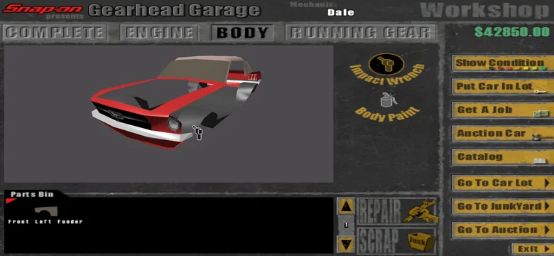The front left fender off the car and in the Parts Bin