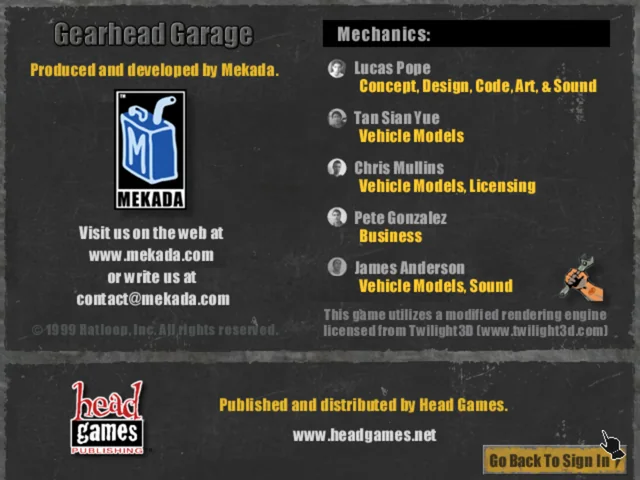 The game's credits screen: produced and developed by Mekada; the mechanics Lucas Pope, Tan Sian Yue, Chris Mullins, Pete Gonzalez and James Anderson; published and distributed by Head Games