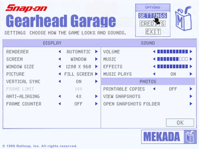 Settings, from the sign-in sheet: renderer, window, picture, sound and photos